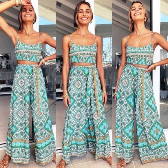 Pants - mint boho floral print crop top wide leg pants set